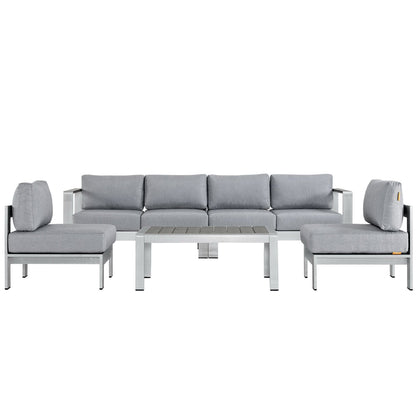 Shore 5 Piece Outdoor Patio Aluminum Sectional Sofa Set in Silver Gray by Modway (2564)