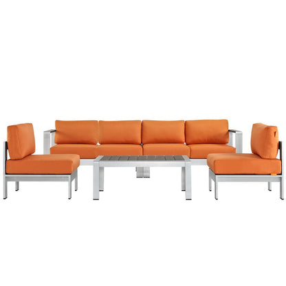 Shore 5 Piece Outdoor Patio Aluminum Sectional Sofa Set in Silver Orange by Modway (2564)