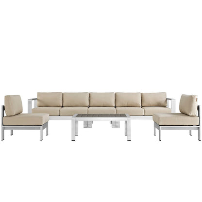 Shore 6 Piece Outdoor Patio Aluminum Sectional Sofa Set in Silver Beige by Modway (2565)