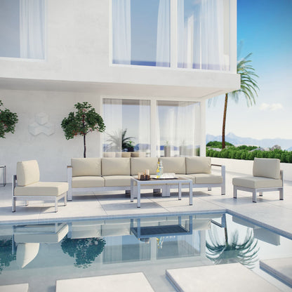 Shore 6 Piece Outdoor Patio Aluminum Sectional Sofa Set in Silver Beige by Modway (2565)