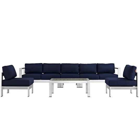 Shore 6 Piece Outdoor Patio Aluminum Sectional Sofa Set in Silver Navy by Modway (2565)