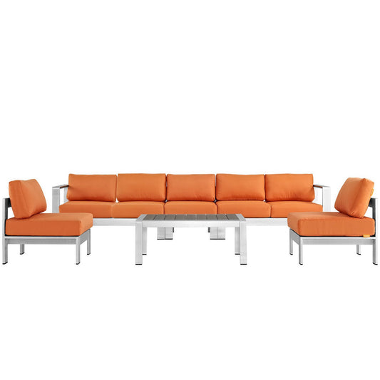 Shore 6 Piece Outdoor Patio Aluminum Sectional Sofa Set in Silver Orange by Modway (2565)