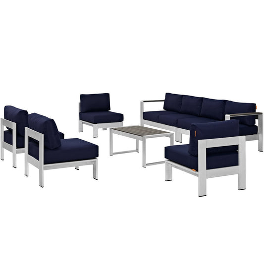 Shore 7 Piece Outdoor Patio Sectional Sofa Set in Silver Navy by Modway (2566)