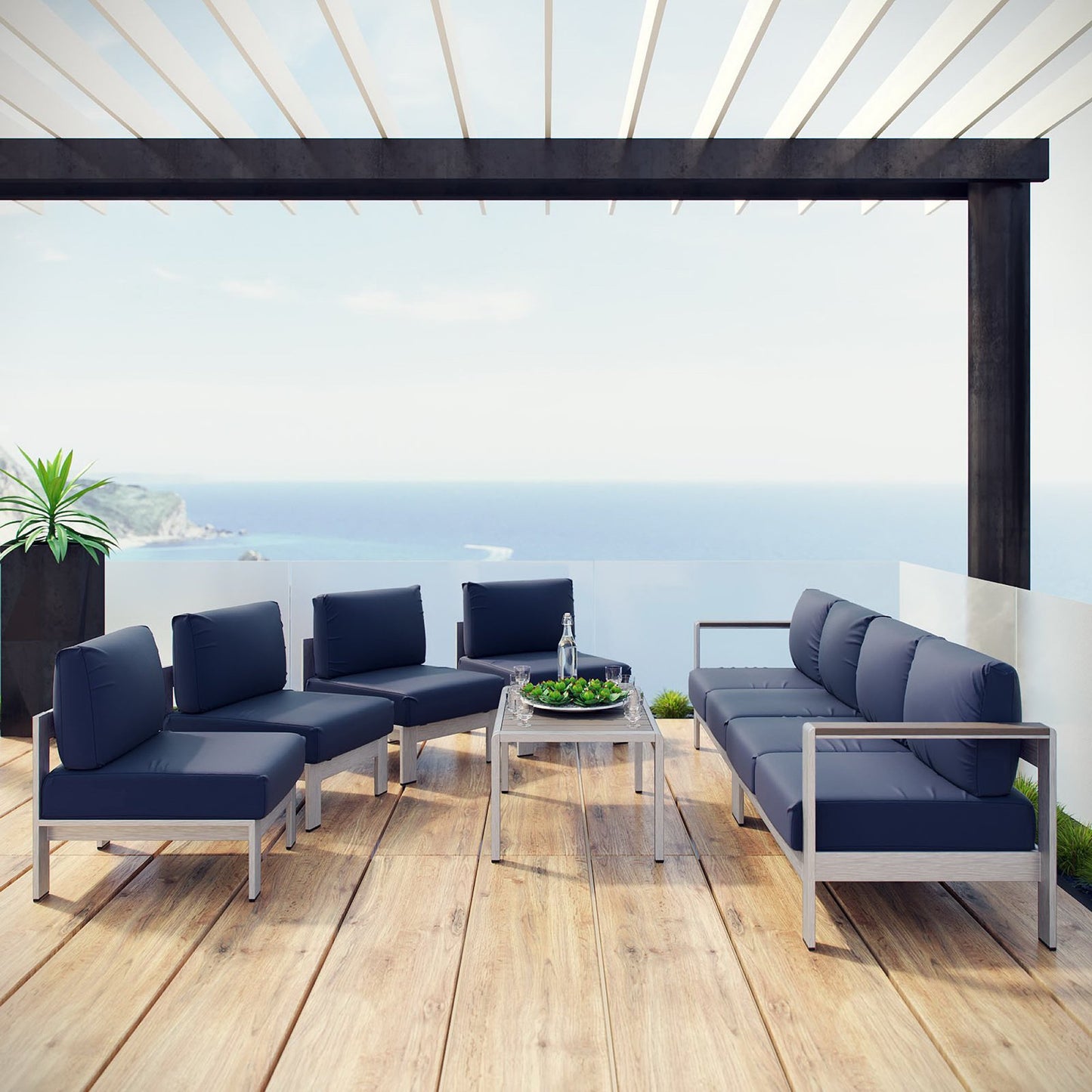 Shore 7 Piece Outdoor Patio Sectional Sofa Set in Silver Navy by Modway (2566)