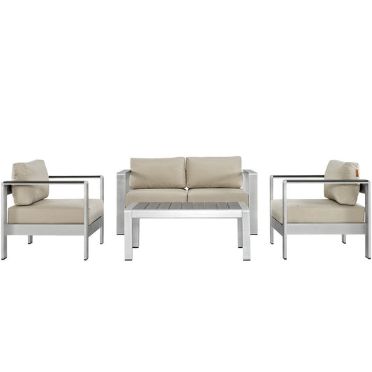 Shore 4 Piece Outdoor Patio Aluminum Sectional Sofa Set in Silver Beige by Modway (2567)