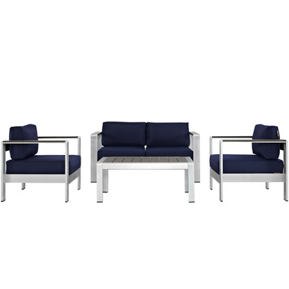 Shore 4 Piece Outdoor Patio Aluminum Sectional Sofa Set in Silver Navy by Modway (2567)