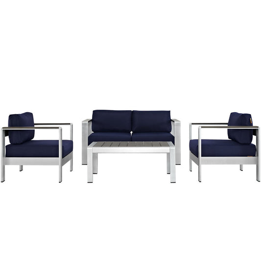 Shore 4 Piece Outdoor Patio Aluminum Sectional Sofa Set in Silver Navy by Modway (2567)