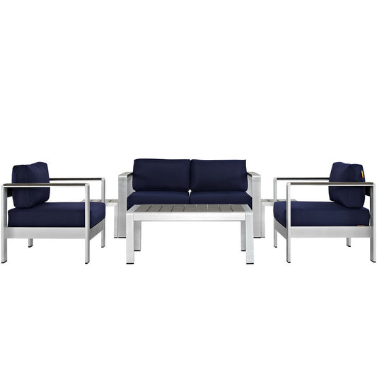 Shore 6 Piece Outdoor Patio Aluminum Sectional Sofa Set in Silver Navy by Modway (2568)
