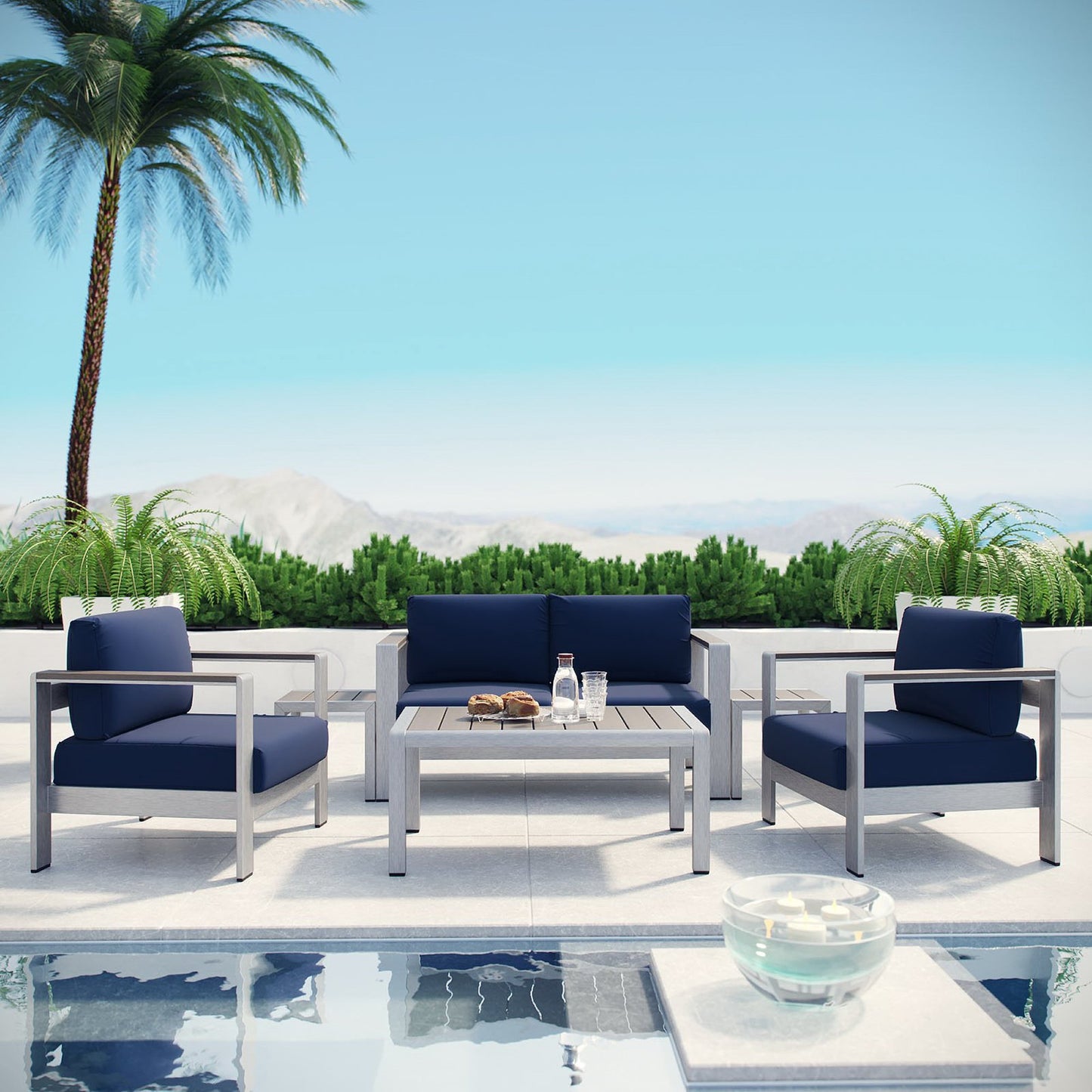 Shore 6 Piece Outdoor Patio Aluminum Sectional Sofa Set in Silver Navy by Modway (2568)