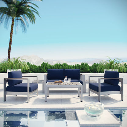 Shore 6 Piece Outdoor Patio Aluminum Sectional Sofa Set in Silver Navy by Modway (2568)