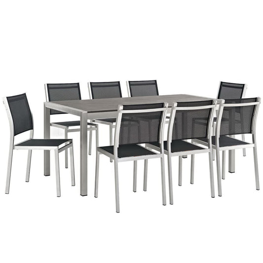 Shore 9 Piece Outdoor Patio Aluminum Dining Set in Silver Black by Modway (2583)