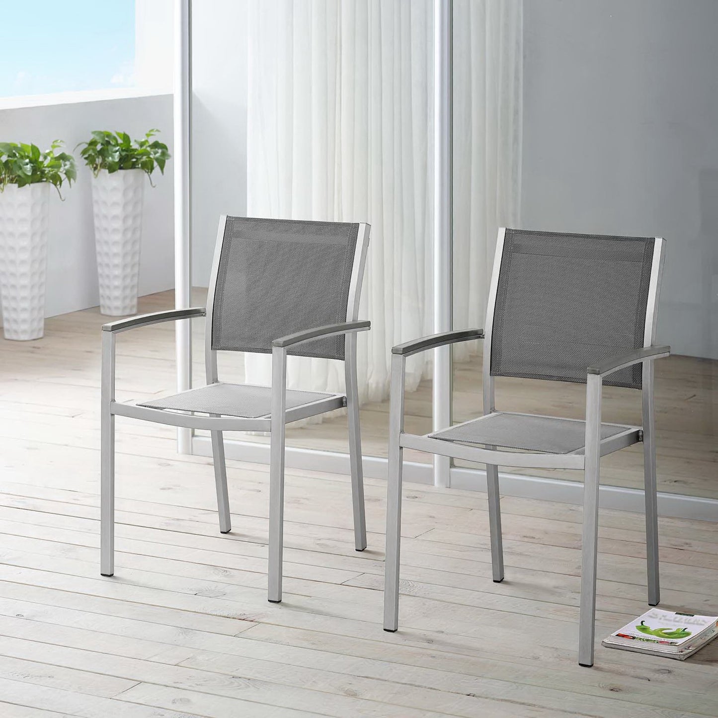 Shore Outdoor Patio Aluminum Dining Chair Set of 2 in Silver Gray by Modway (2586)