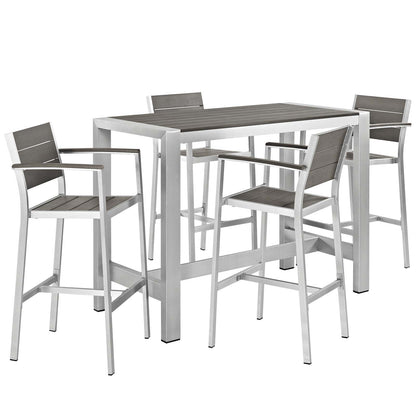 Shore 5 Piece Outdoor Patio Aluminum Bar Set in Silver Gray by Modway