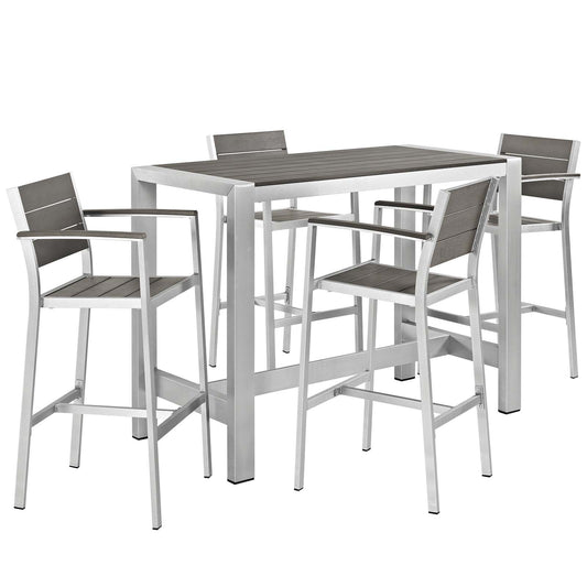 Shore 5 Piece Outdoor Patio Aluminum Bar Set in Silver Gray by Modway