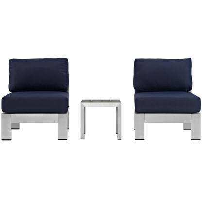 Shore 3 Piece Outdoor Patio Aluminum Sectional Sofa Set in Silver Navy by Modway (2598)