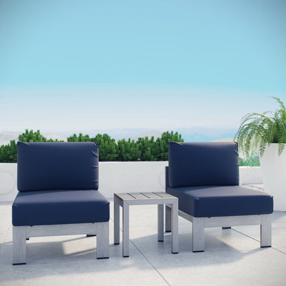 Shore 3 Piece Outdoor Patio Aluminum Sectional Sofa Set in Silver Navy by Modway (2598)