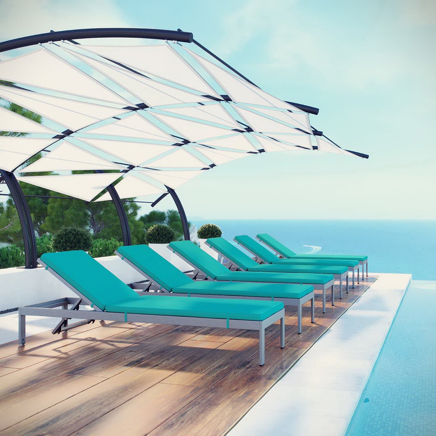 Shore Aluminum Chaise Lounge Set of 6 - Silver Turquoise by Modway