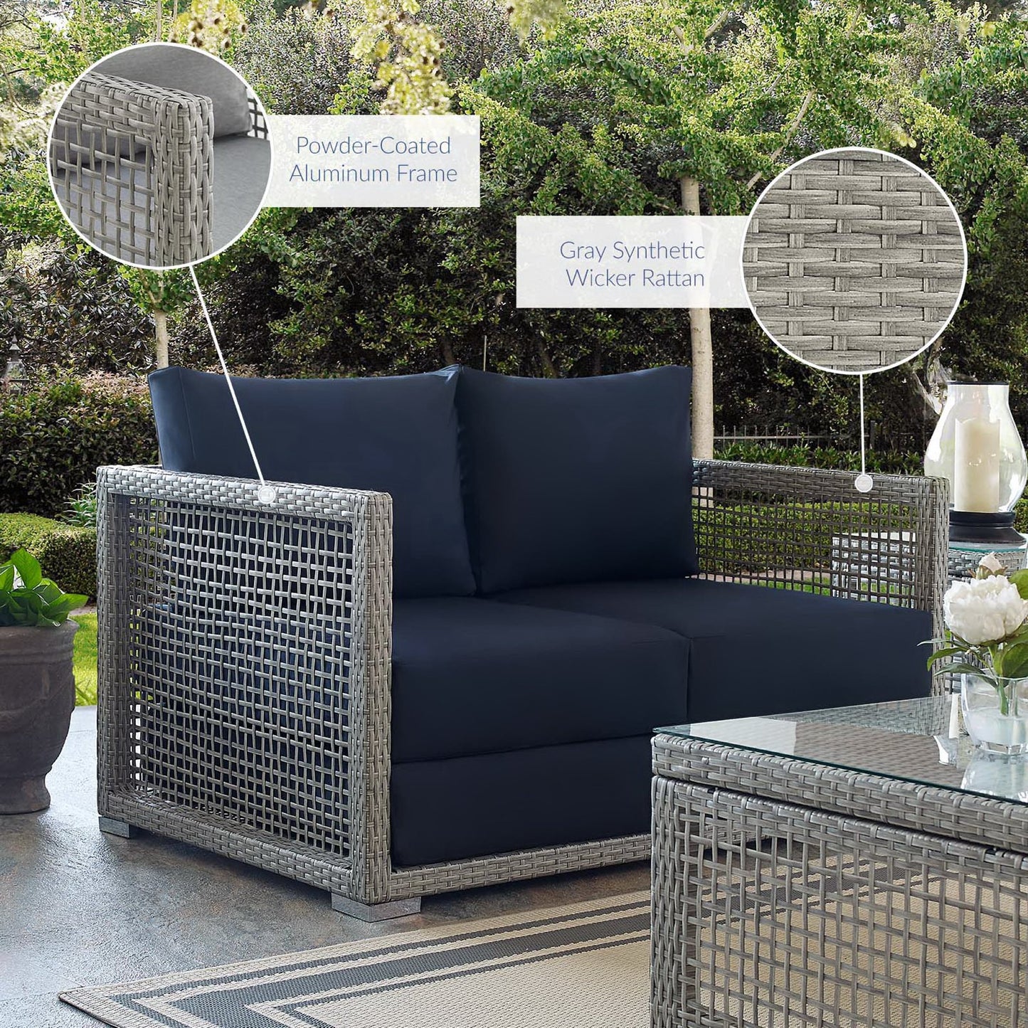 Aura Outdoor Patio Wicker Rattan Loveseat in Gray Navy by Modway (2924)