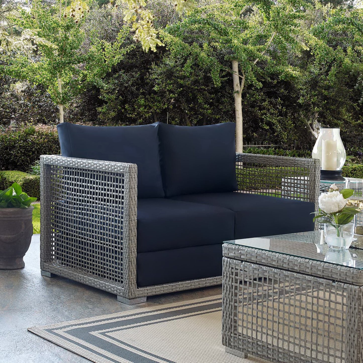 Aura Outdoor Patio Wicker Rattan Loveseat in Gray Navy by Modway (2924)