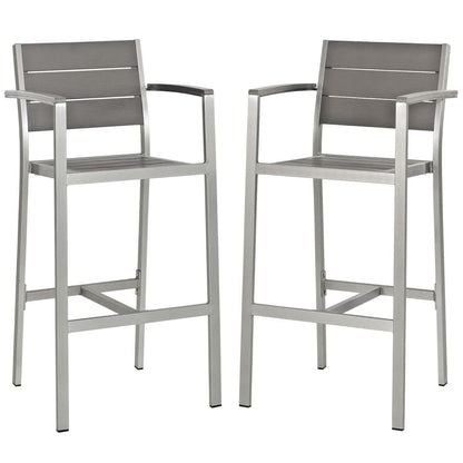 Shore Outdoor Patio Aluminum Bar Stool with Armrests (Set of 2) in Silver Gray by Modway