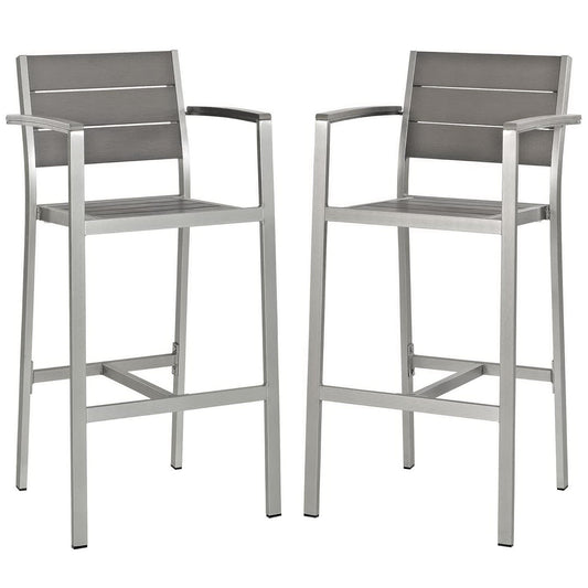 Shore Outdoor Patio Aluminum Bar Stool with Armrests (Set of 2) in Silver Gray by Modway