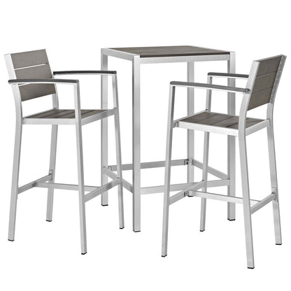 Shore 3 Piece Outdoor Patio Aluminum Pub Set in Silver Gray by Modway