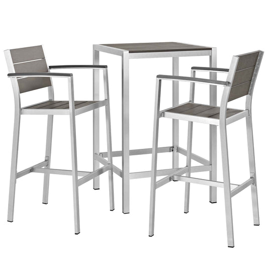 Shore 3 Piece Outdoor Patio Aluminum Pub Set in Silver Gray by Modway