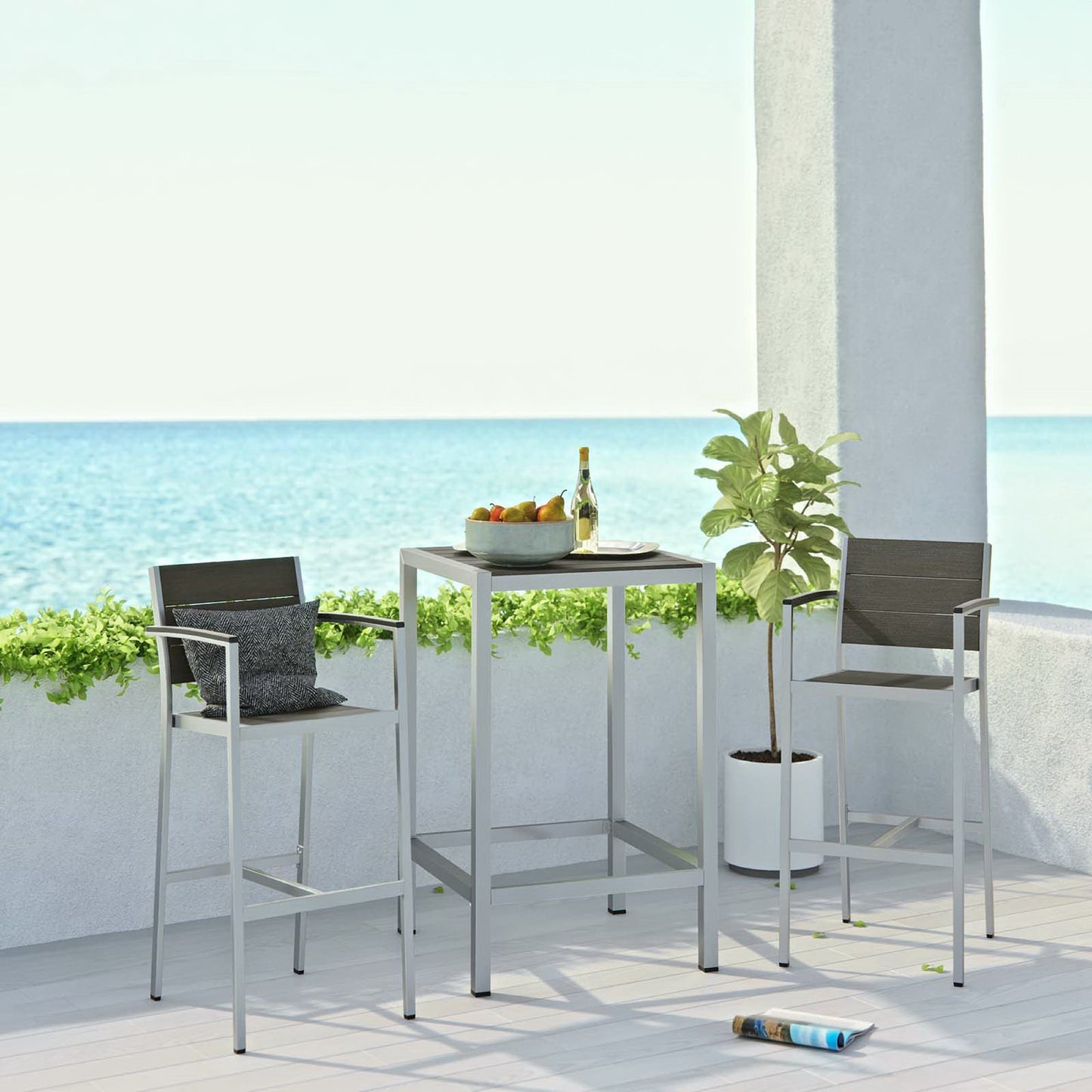 Shore 3 Piece Outdoor Patio Aluminum Pub Set in Silver Gray by Modway