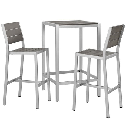 Shore 3 Piece Outdoor Patio Aluminum Pub Set in Silver Gray by Modway