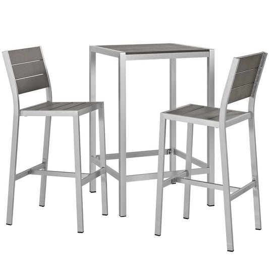 Shore 3 Piece Outdoor Patio Aluminum Pub Set in Silver Gray by Modway