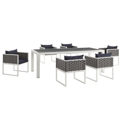 Stance 7 Piece Outdoor Patio Aluminum Dining Set in White Navy by Modway (3185)