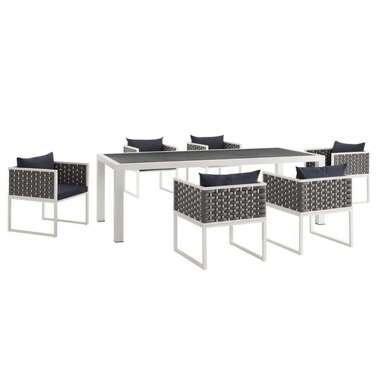 Stance 7 Piece Outdoor Patio Aluminum Dining Set in White Navy by Modway (3185)