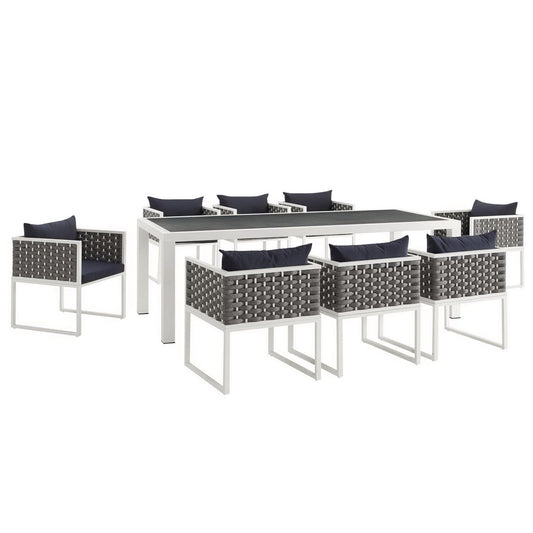 Stance 9 Piece Outdoor Patio Aluminum Dining Set in White Navy by Modway (3186)