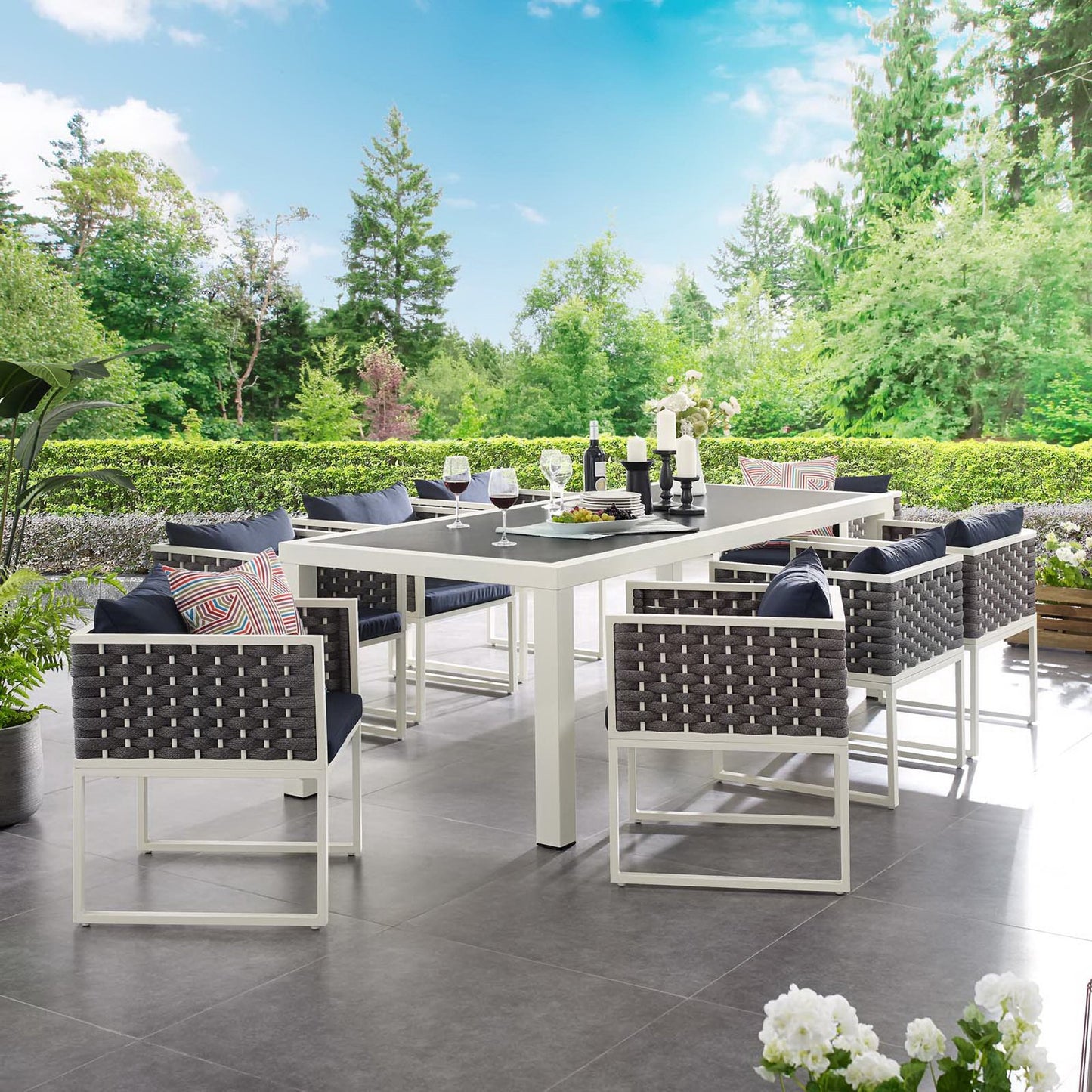 Stance 9 Piece Outdoor Patio Aluminum Dining Set in White Navy by Modway (3186)