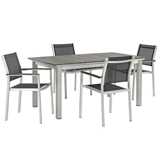 Shore 5 Piece Outdoor Patio Aluminum Dining Set in Silver Black by Modway