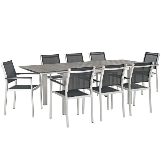 Shore 9 Piece Outdoor Patio Aluminum Dining Set in Silver Black by Modway