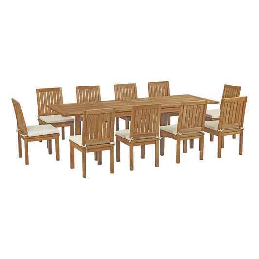 Marina 11 Piece Outdoor Patio Teak Dining Set in Natural White by Modway