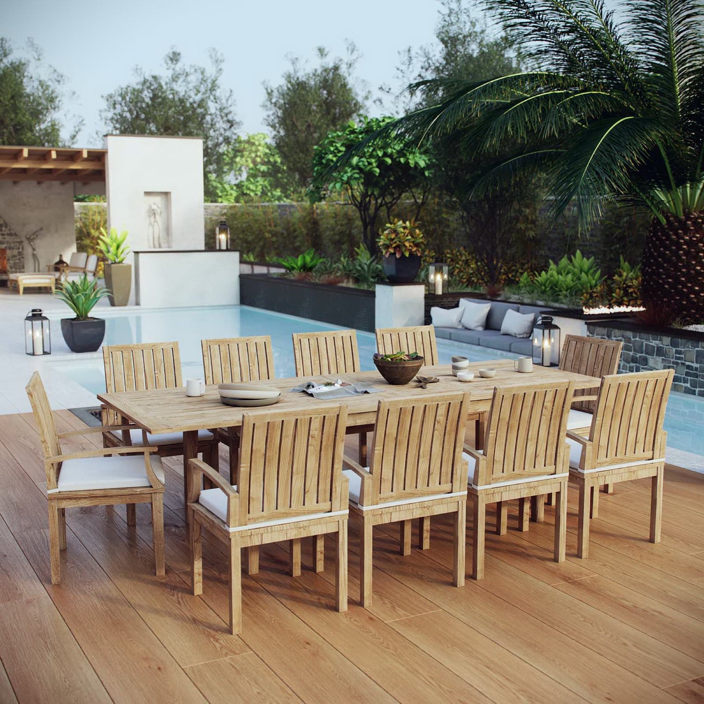 Marina 11 Piece Outdoor Patio Teak Dining Set in Natural White by Modway
