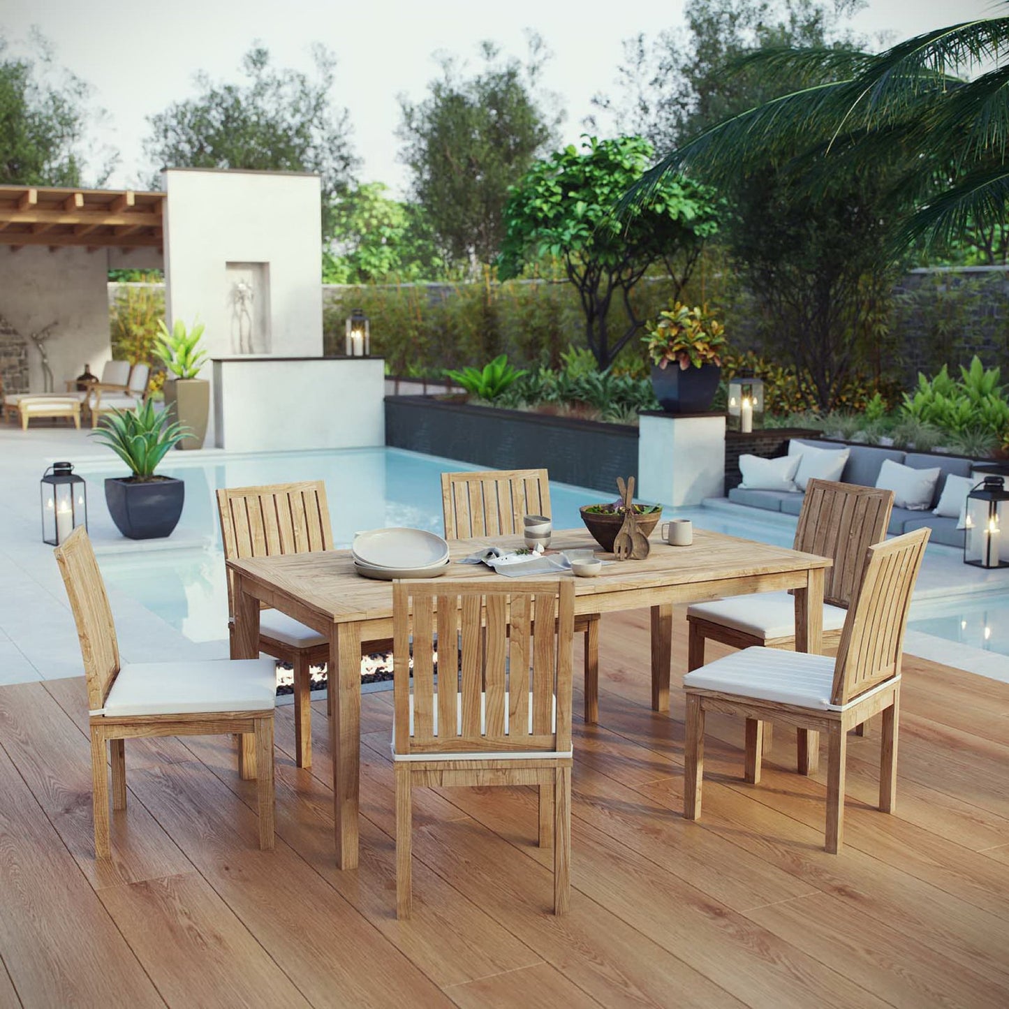 Marina 7 Piece Outdoor Patio Teak Dining Set with Side Chairs in Natural White by Modway