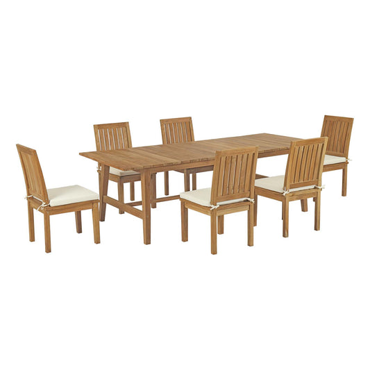 Marina 7 Piece Outdoor Patio Teak Dining Set with Side Chairs in Natural White by Modway