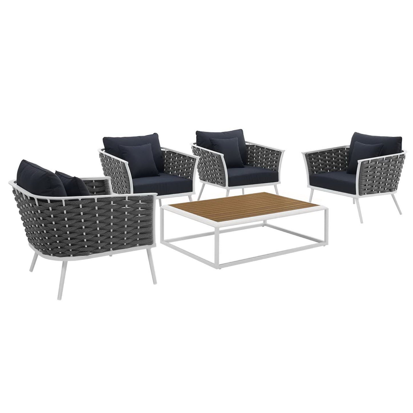 Stance 5 Piece Outdoor Patio Aluminum Sectional Sofa Set in White Navy by Modway (3321)