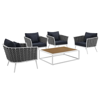 Stance 5 Piece Outdoor Patio Aluminum Sectional Sofa Set in White Navy by Modway (3321)