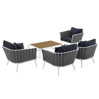 Stance 5 Piece Outdoor Patio Aluminum Sectional Sofa Set in White Navy by Modway (3321)