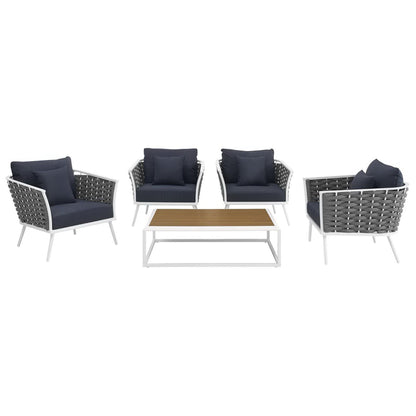 Stance 5 Piece Outdoor Patio Aluminum Sectional Sofa Set in White Navy by Modway (3321)