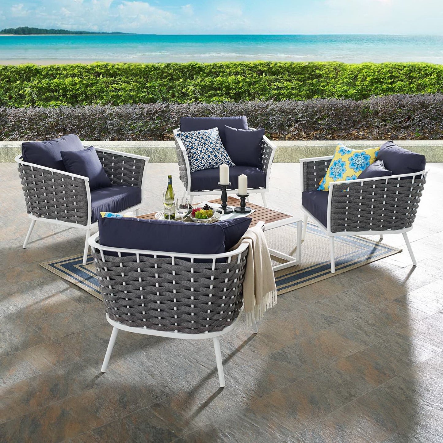 Stance 5 Piece Outdoor Patio Aluminum Sectional Sofa Set in White Navy by Modway (3321)