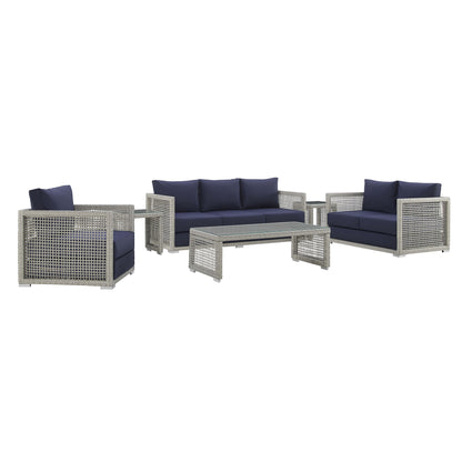 Aura 6 Piece Outdoor Patio Wicker Rattan Conversation Set in Gray Navy by Modway (3559)