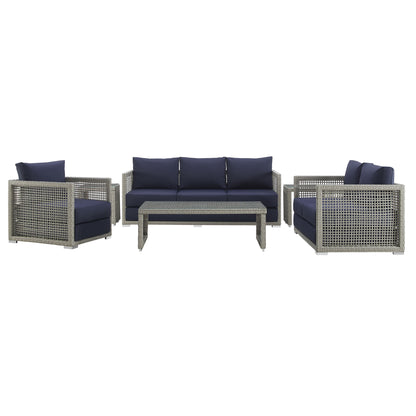 Aura 6 Piece Outdoor Patio Wicker Rattan Conversation Set in Gray Navy by Modway (3559)