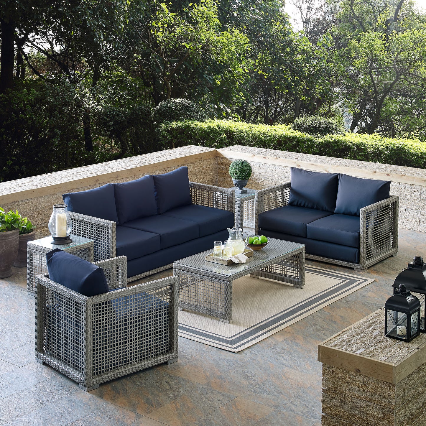 Aura 6 Piece Outdoor Patio Wicker Rattan Conversation Set in Gray Navy by Modway (3559)