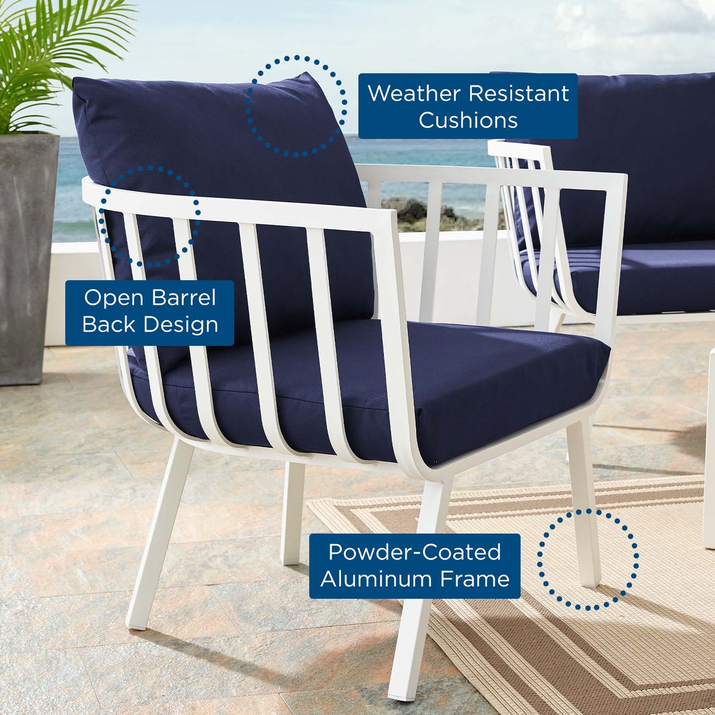 Riverside Outdoor Patio Aluminum Armchair in White Navy by Modway (3566)