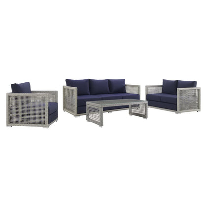 Aura 4 Piece Outdoor Patio Wicker Rattan Conversation Set in Gray Navy by Modway (3596)